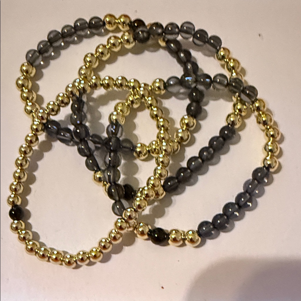 Allie Bess Gold, Black, Ink Beaded Stretch Bracelet Set Of 4